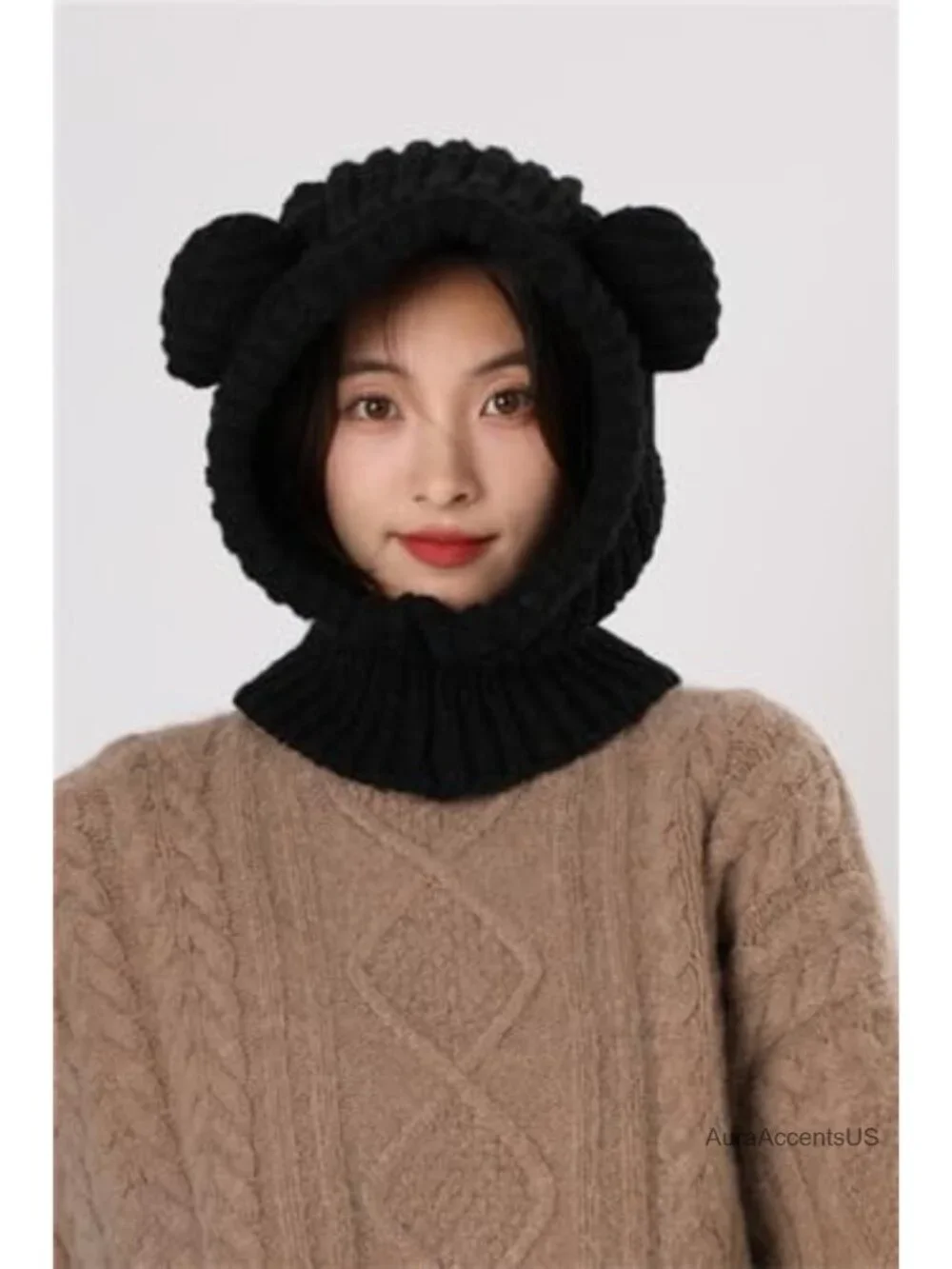 Knit Winter Hat Women Cute Bear Balaclava Warm Hooded Scarf Beanie Skull Cap